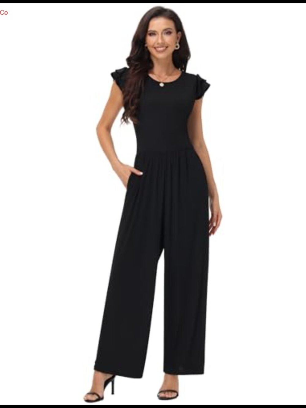 Women's Ruffle Cap Sleeve Wide Leg Jumpsuit Crew Neck High Waist Pockets